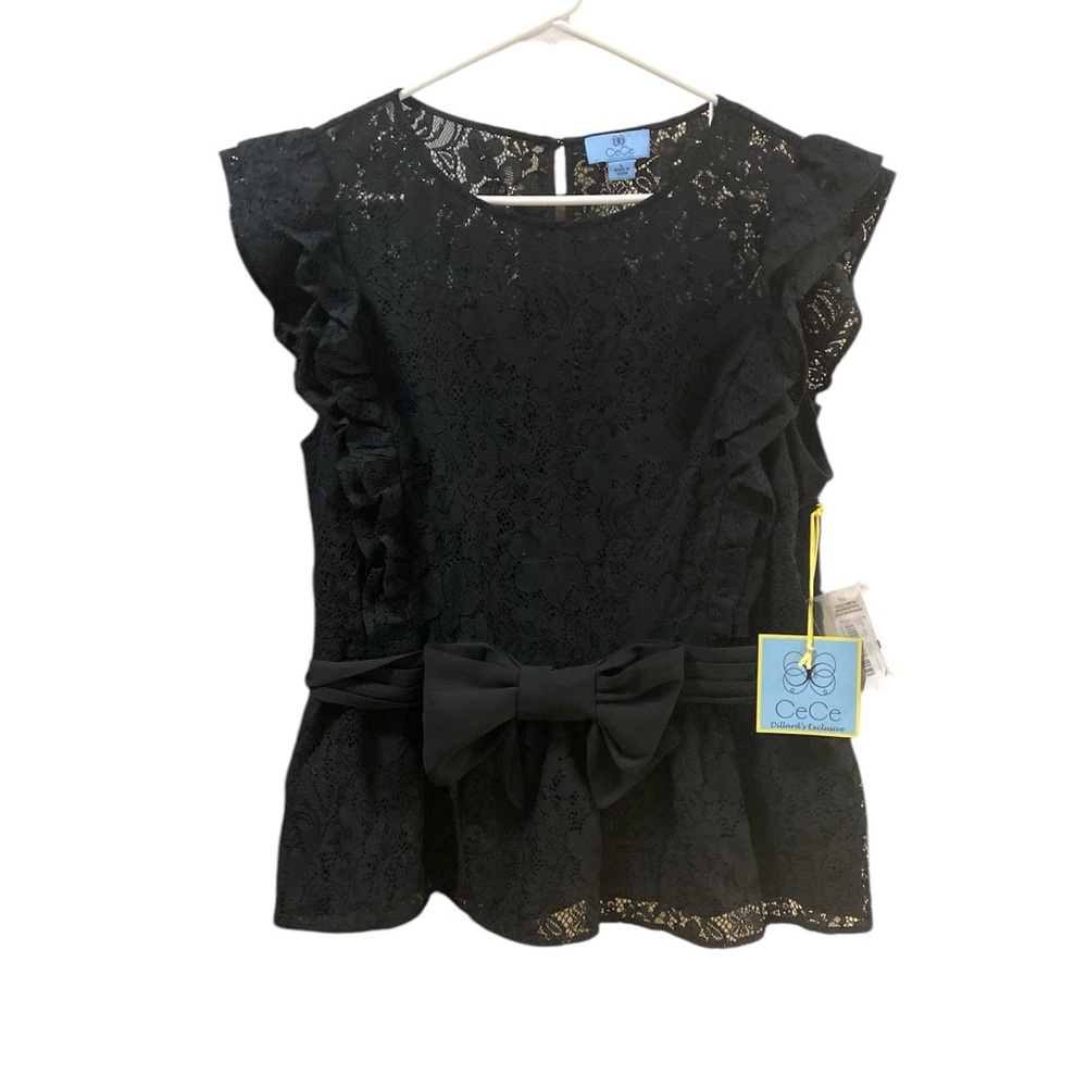 CeCe Black Lace Ruffle Top Women’s Size L Peplum Formal Dressy Party Blouse
